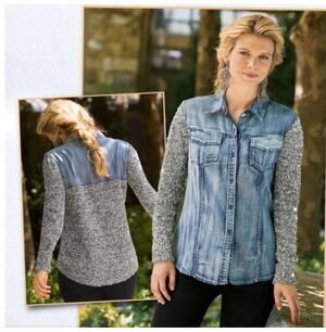 Soft Surroundings Mixed Media Denim Shirt Jacket Women's XL Sequins Stretch Chic